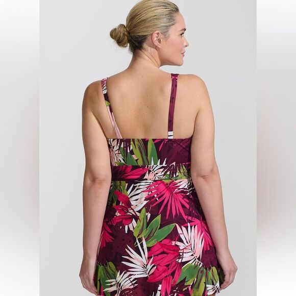 Land's End Plus Size Slender Swimsuit Dress Dark Wine Multi Tropical Palm 18 - Picture 5 of 7